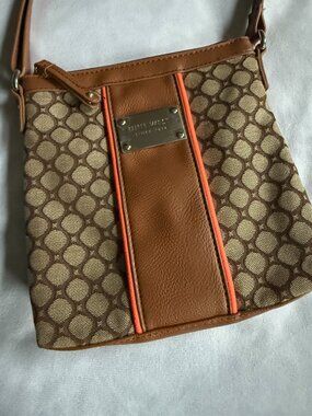 Nine West Monogram Jacquard Crossbody Bag Brown Tan Neon Orange Trim 8x8